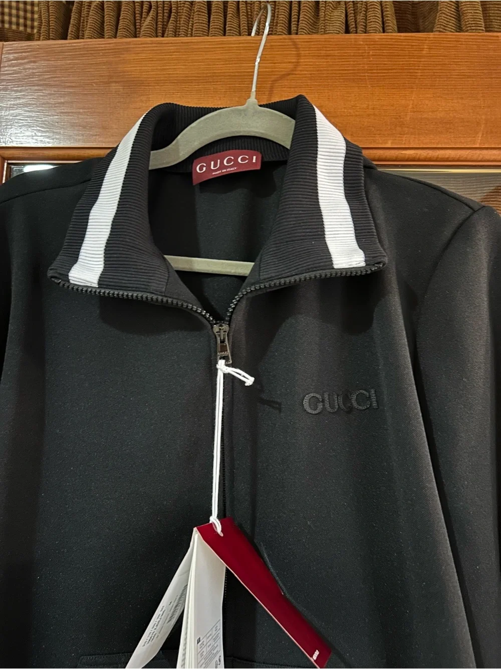 Men's Gucci jersey technical, zip up jacket, web, trim, size medium made Italy
